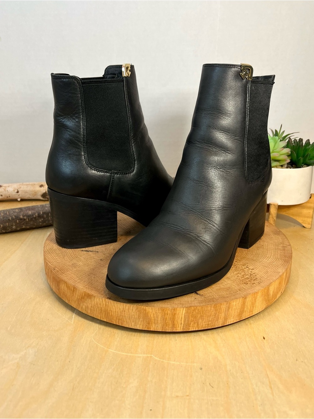 TORY BURCH Women's Black Leather Ankle Booties with Block Heel